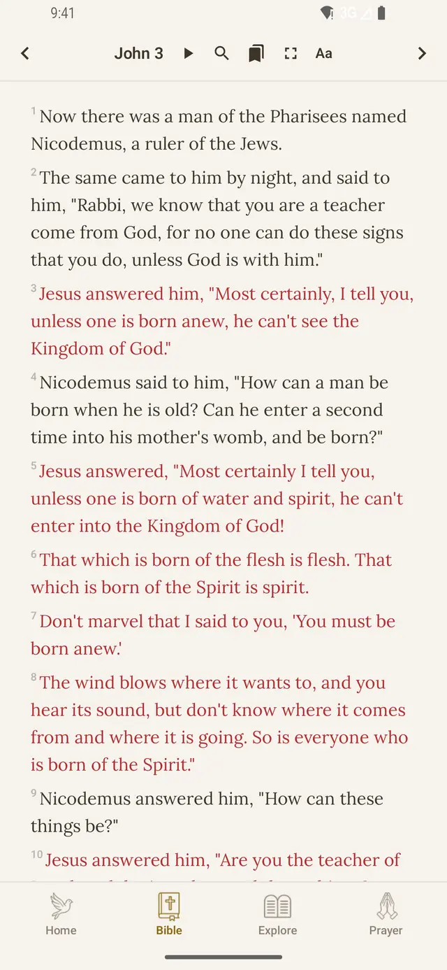 The Bible reader in PrayerPath with words of Jesus in red